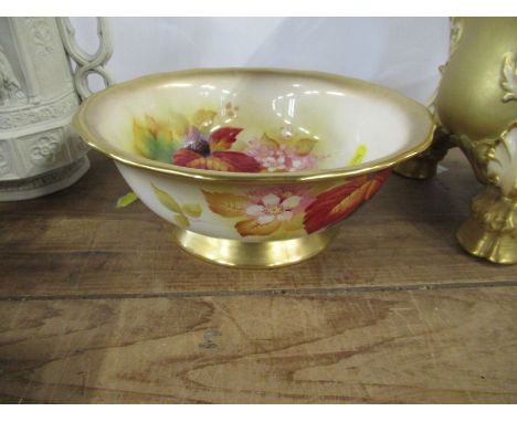 A Royal Worcester Bennett bowl, decorated to the interior and exterior with Autumnal fruits and leaves by K Blake