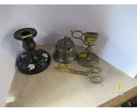 A 19th century Derbyshire inlaid marble candlestick, decorated with flowers, af, together with a pewter inkwell, a pair of br