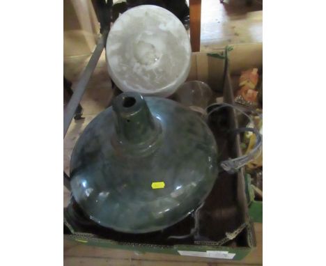 A green enamelled light shade and other light fittings