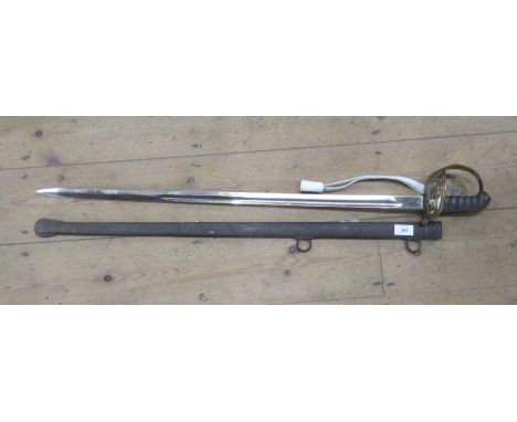 An 1854 pattern infantry sword, the brass pierced hilt with VR cypher, with metal scabbard