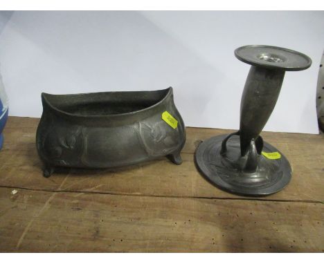 A Liberty Tudric candlestick, number 0221, with inscription, together with a Kayserzinnn pewter oval planter with squirrel de
