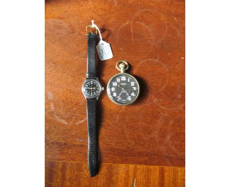 A Bulova World War Two RAF pilots wrist watch, with black dial, together with a Military issue silver plated cased pocket wat