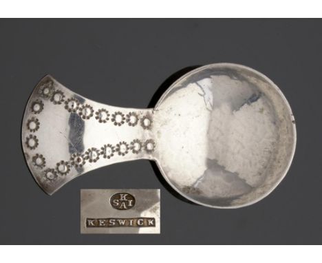 AN ARTS & CRAFTS SILVER CADDY SPOON BY THE KESWICK SCHOOL OF INDUSTRIAL ART, C1910 hammer textured, 6.8cm l, marked K S I A a
