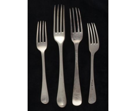 A SET OF FIVE GEORGE III SILVER TABLE FORKS Old English pattern, crested, by Thomas Chawner, London 1778 and a set of six Geo