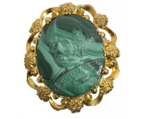 A MALACHITE CAMEO BROOCH, EARLY-MID 19TH C carved with the head of a classical warrior in pierced and chased gold setting, 39