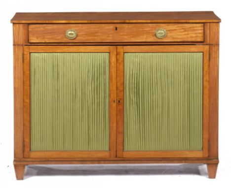 A GEORGE III SATINWOOD SIDE CABINET, C1800   the drawer with fitted interior beneath a leather inlet slide, the lower part ha