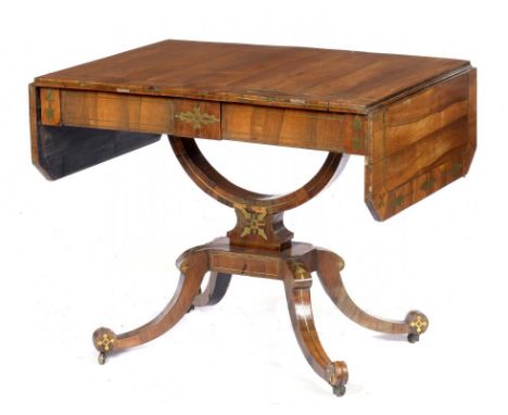 A GEORGE IV BRASS INLAID ROSEWOOD SOFA TABLE, C1830  with brass stringing throughout, on curved support, brass castors, 72cm 