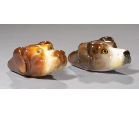 TWO ROYAL WORCESTER HOUND'S HEAD DOG WHISTLES, 1920 AND 31 4.5cm l, puce printed mark