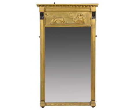A REGENCY GILTWOOD AND COMPOSITION PIER GLASS, FIRST HALF 19TH C  the tablet and plate between sphinx-headed pilasters, 120cm