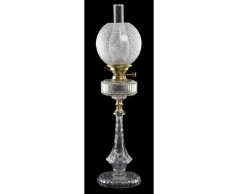 A BRASS MOUNTED CUT GLASS OIL LAMP, C1900 the brass burner with Hinks's No.2 Duplex burner, 69cm h including etched glass sha