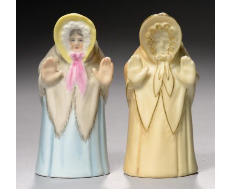 TWO ROYAL WORCESTER CANDLE SNUFFERS - GRANNY SNOW, 1901 AND 1929 7.5cm h, green or puce printed mark++In good conditon