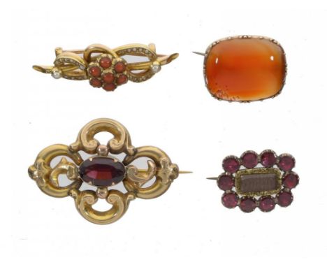 A GEORGIAN FOILED GARNET AND GOLD MOURNING BROOCH, EARLY 19TH C and three other Victorian brooches, variously set , the first