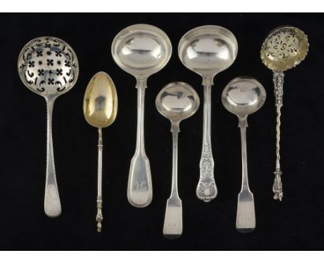 A GEORGE III SILVER SUGAR SIFTER Feather Edge pattern, maker R P, a pellet between, London 1767, two silver sauce ladles, Fid