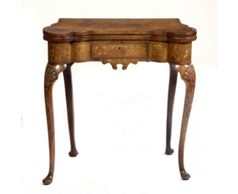 A DUTCH WALNUT AND FLORAL MARQUETRY CARD TABLE, 18TH C  the fold-over top with outset candle stands inlaid with playing cards