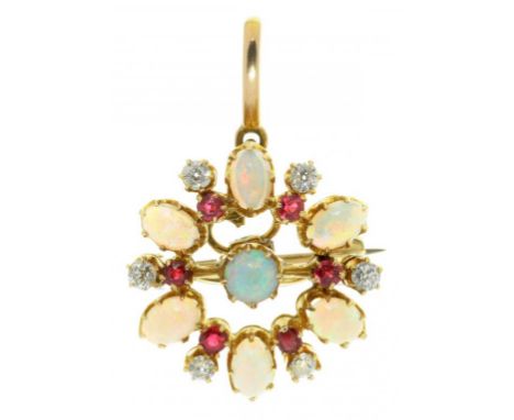 A RUBY, DIAMOND AND OPAL BROOCH-PENDANT, C1910  in gold, demountable, 32mm including loop, 6.2g++Fine quality and condition