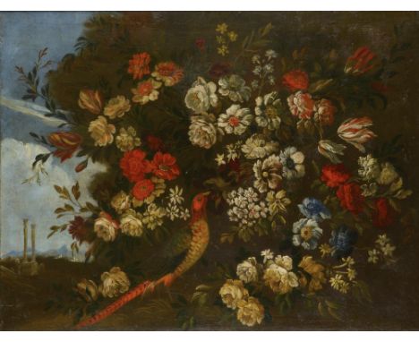 19TH CENTURY FOLLOWER OF JAKOB BOGDANI A PHEASANT AND FLOWERS IN A LANDSCAPE WITH RUINS  oil on canvas, 67 x 88cm++A 19th c d