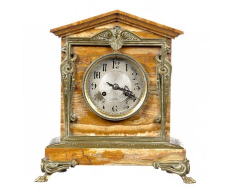 A FRENCH ARCHITECTURAL STYLE BRASS MOUNTED ALABASTRO FIORITO MANTLE CLOCK J W BENSON OLD BOND ST LONDON, C1900 with silvered 