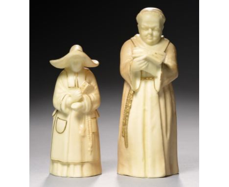 A PAIR OF ROYAL WORCESTER CANDLE SNUFFERS - MONK AND ABBESS, C1900 9 and 12cm h, green printed mark++In good condition