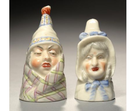TWO ROYAL WORCESTER CANDLE SNUFFERS - MR & MRS CAUDLE, 1898 6.7 and 6.8cm h, puce printed mark++In good condition