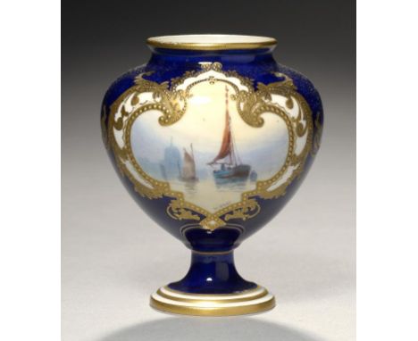 A ROYAL CROWN DERBY COBALT GROUND OVOID VASE,  1905 painted by W Dean, signed, with a shipping scene in raised gilt frame, 8.