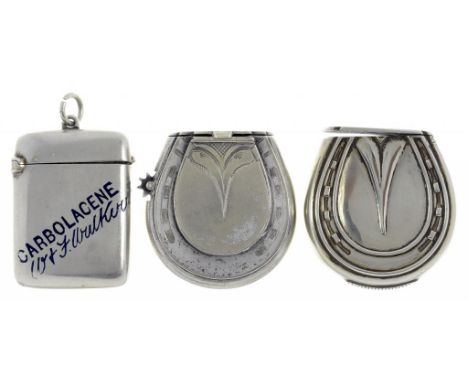 A DUAL PURPOSE NICKEL PLATED BRASS AND ENAMEL VESTA CASE, C1900  inscribed CARBOLACENE W & F WALKER,  the back inset with a c