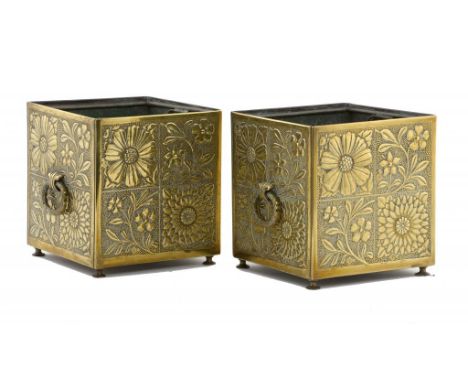 A PAIR OF AESTHETIC BRASS SQUARE JARDINIERES, C1878  the sides in the form of a compartmentalised floral wall tile, green pai