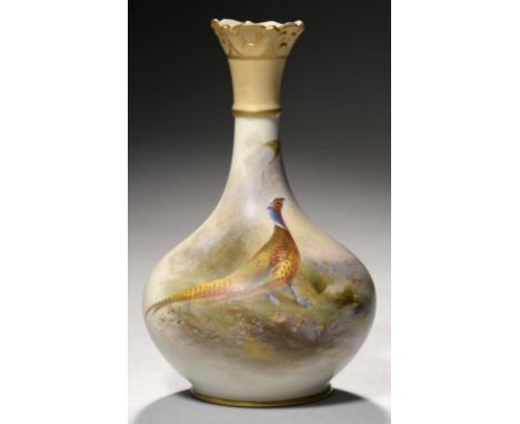 A ROYAL WORCESTER VASE, 1910  painted by Jas Stinton, signed, with pheasants, 14cm h, printed marks++Good condition, no resto