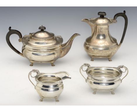 A GEORGE V SILVER FOUR PIECE TEA SERVICE   the lidded jug 20cm  h, by The Alexander Clark Co Ltd, Birmingham 1922 and 3, 53oz