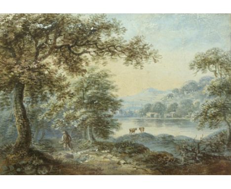 FRENCH SCHOOL  WOODED LANDSCAPE WITH A MAN ON A PATH BY A RIVER; LANDSCAPE WITH A SOLDIER ON HORSEBACK  two, gouache, 12 x 17