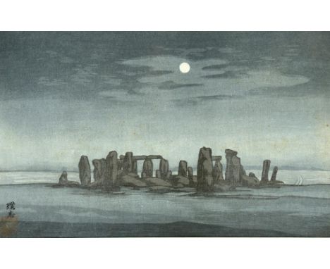 URUSHIBARA MOKUCHU (YOSHIJIRO) (1888-1953)  STONEHENGE BY MOONLIGHT  woodblock in colour, signed in ink, 20.5 x 33cm and anot
