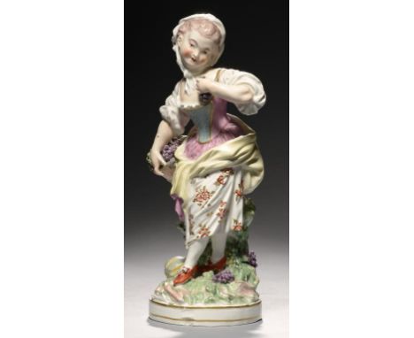 A DERBY FIGURE OF AUTUMN FROM 'THE FRENCH SEASONS' AFTER THE TOURNAI MODEL, C1780  27cm h++Small manufacturing black firing b