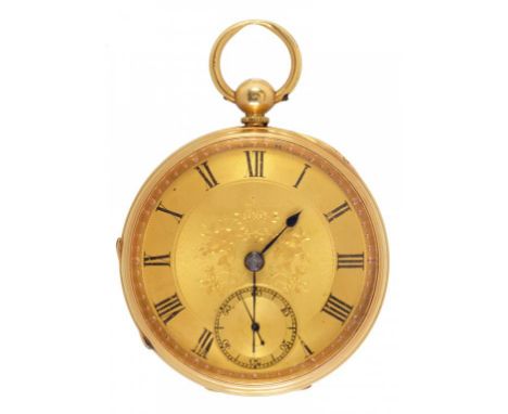 AN 18CT GOLD FUSEE LEVER WATCH  unsigned, with engraved dial in engine turned case, 45mm, casemaker's mark indistinct, London