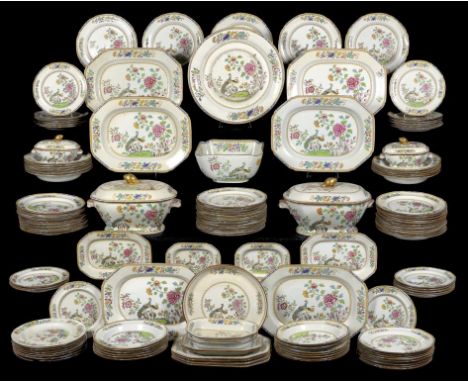 AN EXTENSIVE SPODE STONE CHINA PEACOCK PATTERN DINNER SERVICE, C1822-33  including two soup tureens, covers and stands, 18cm 