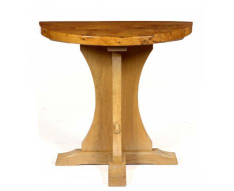 A MOUSEMAN OAK HALF ROUND HALL TABLE, LATE 20TH C  the adzed top on central incurved support, 74cm h; 40 x 77cm, carved mouse