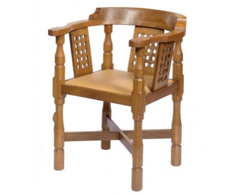 A MOUSEMAN OAK MONK'S CHAIR, 20TH/21ST C with three interlaced splats, brass nailed cow hide seat, 80cm h, carved mouse 'sign