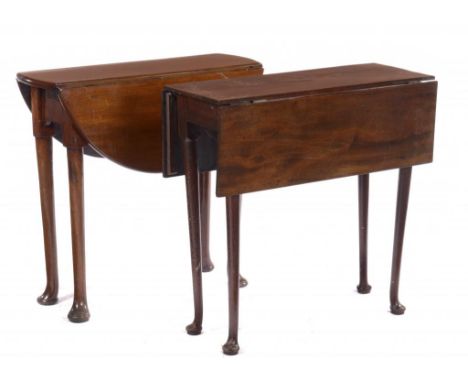 A GEORGE III MAHOGANY DROP LEAF TABLE, C1800  on pad feet, 71cm h; 76 x 77cm and another, with oval top (2)++The first unstab