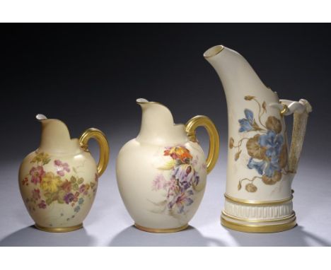 A ROYAL WORCESTER IVORY GROUND TUSK ICE JUG, 1887 painted with convolvulous and two Royal Worcester flat back jugs 1897 and 9