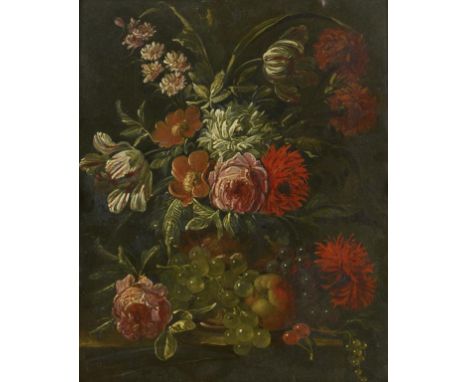FLEMISH SCHOOL STILL LIFE WITH FLOWERS AND FRUIT  bears signature, oil on panel, 26.5 x 22cm, in carved and gilded frame++Pig