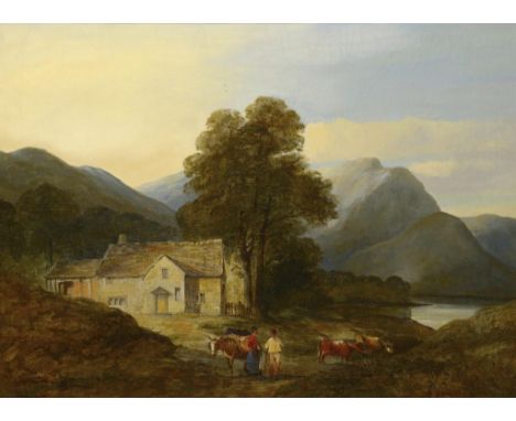 JAMES POOLE (1803-1886)  MOUNTAINOUS LANDSCAPE WITH FIGURES AND ANIMALS signed and dated 1846, oil on canvas, 43 x 58.5cm++Re