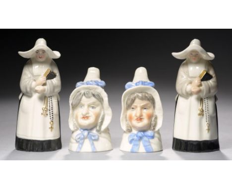 FOUR ROYAL WORCESTER CANDLE SNUFFERS - THE ABBESS AND MRS CAUDLE, C1896 AND 1930 6.5-9cm h, green or puce printed mark++Mrs C