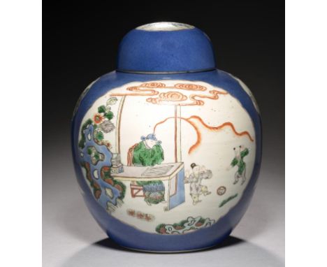 A CHINESE POWDER BLUE GROUND FAMILLE VERTE JAR AND COVER, QING DYNASTY, 19TH C  22cm h, Kangxi mark++Good condition