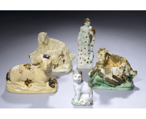 A PRATTWARE FIGURE OF SPRING, C1800, 14.5cm h, two Staffordshire Creamware and Pearlware groups of goats, a model of a ram an