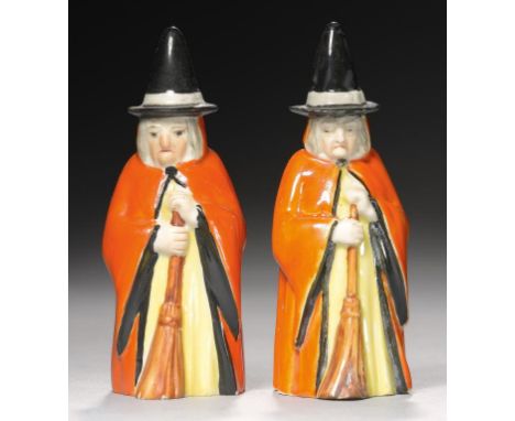 TWO ROYAL WORCESTER CANDLE SNUFFERS - THE WITCH, 1912 AND 17  9cm h, printed mark and 2543++One in good condition, the other 
