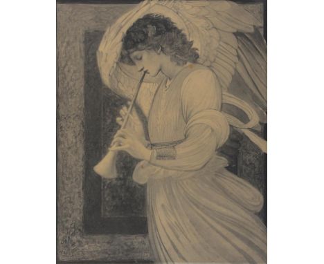 AFTER SIR EDWARD COLEY BURNE-JONES (1833-1898) AN ANGEL PLAYING A FLAGEOLET  watercolour, en grisaille, 30 x 24cm, unframed++