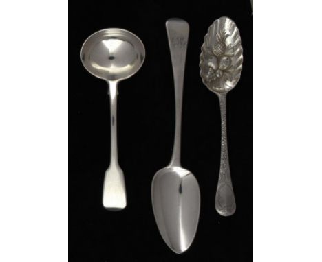 SEVEN GEORGE III AND IV SILVER TABLE SPOONS  including two pairs and two later chased as matching berry spoons, London & Exet