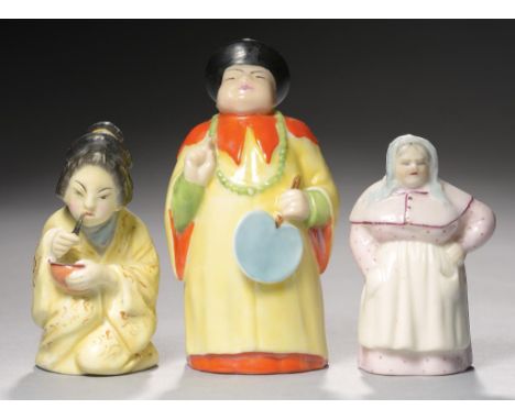THREE ROYAL WORCESTER CANDLE SNUFFERS - JAPANESE GIRL, THE FRENCH COOK AND THE MANDARIN, 1897, 1901 AND 29 6.5-9cm h, green o