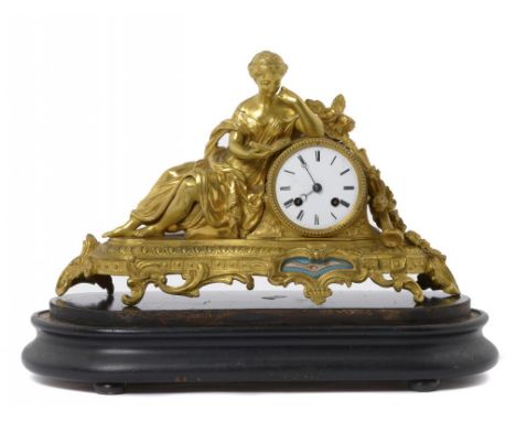 A FRENCH ORMOLU MANTLE CLOCK, C1870   the bell striking drum cased movement with the figure of a classical young woman holdin