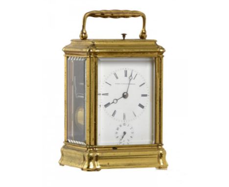 A FRENCH GILT BRASS CARRIAGE CLOCK AUBERT & KLAFTENBERGER, C1860 the white enamel mask dial with alarm dial and Breguet hands