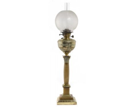 A VICTORIAN BRASS AND ALABASTER COLUMNAR OIL LAMP, C1890  with festoon embossed fount, on square foot, 79cm h including etche