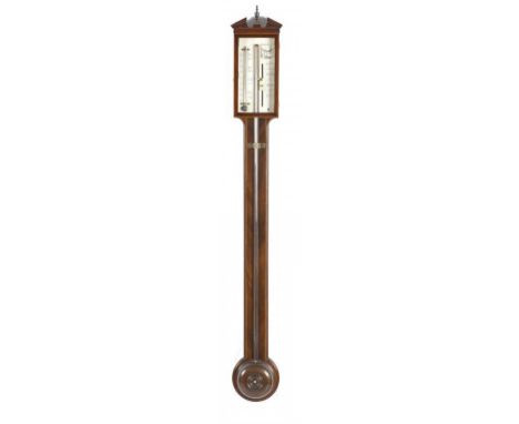 A MAHOGANY AND LINE INLAID EXPOSED TUBE CISTERN BAROMETER, MANTICHA & CO C1800  the engraved and silvered plate with mercury 